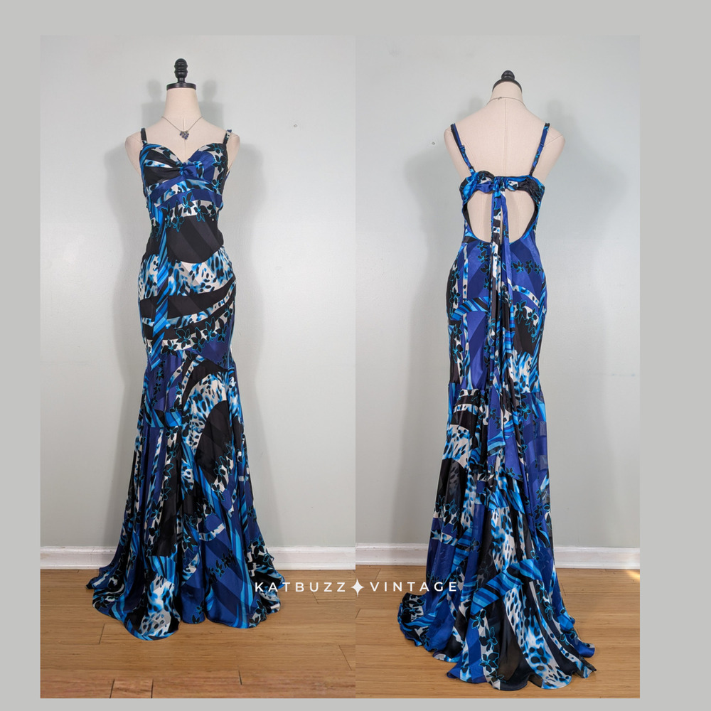 Vintage Silk Prom Dress Maxi Gown 6 Blue Black Mermaid Y2K Glam Hollywood